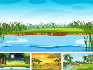 Doğa parkı ve orman illüstrasyonunun dört farklı sahnesi