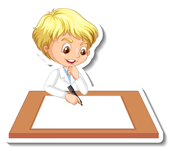 Científico Niño Personaje Dibujos Animados Con Ilustración Mesa Blanco — Vector de stock