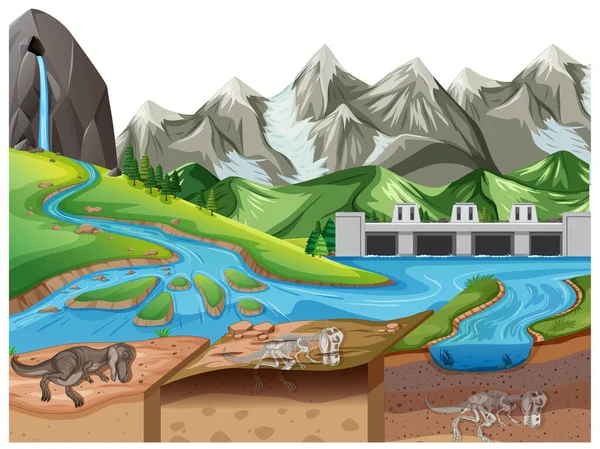 Nature Landscape Scene Daytime Dinosaur Fossils Soil Layers Illustration — Stock Vector