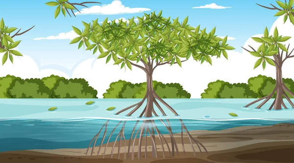 Manglar Bosque Paisaje Escena Día Ilustración — Archivo Imágenes Vectoriales