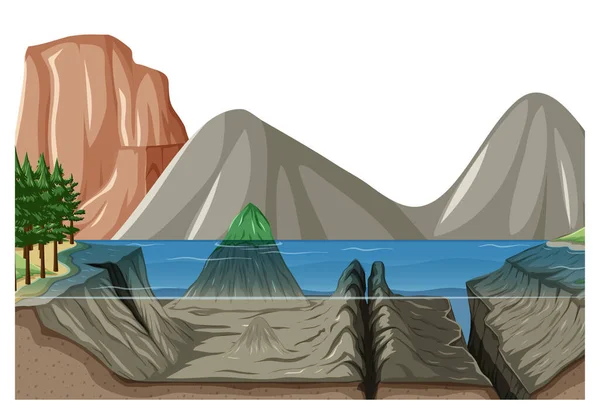 Naturlandschaft Szene Mit Unterwasser Von See Und Berg Hintergrund Illustration — Stockvektor