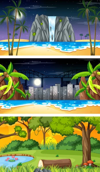 Tres Escenas Horizontales Naturaleza Diferente Ilustración — Vector de stock