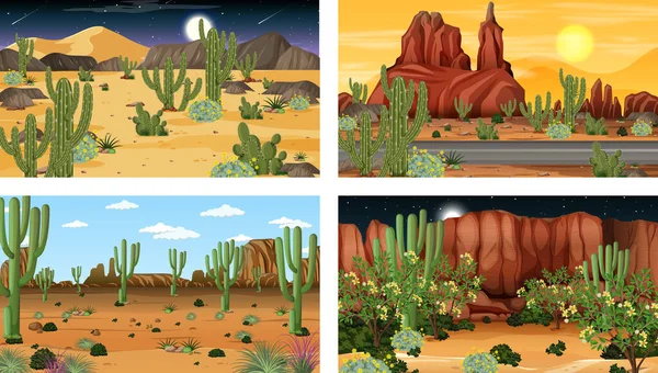 Different Scenes Desert Forest Landscape Various Desert Plants Illustration — Stock Vector