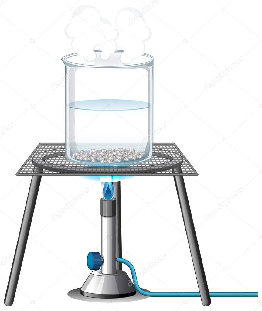 Water in a beaker on metal grille isolated illustration