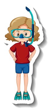 Şnorkel maskeli bir kız çizgi film karakteri çıkartması çizimi