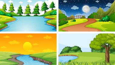 Doğa parkı ve orman illüstrasyonunun dört farklı sahnesi