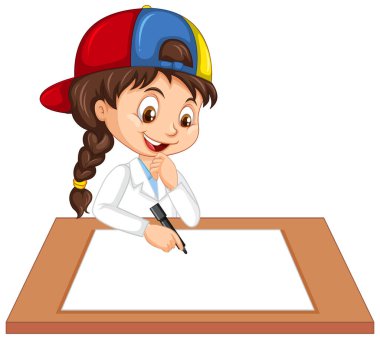 Bilim adamı üniforması giyen sevimli bir kız boş kağıt çizimine yazı yazıyor.