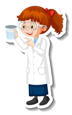 Bilim kadını karikatür karakteri bilim deneyi nesnesi çizimi
