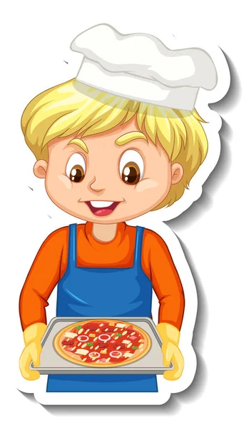 Adesivo Disegno Con Chef Ragazzo Possesso Pizza Vassoio Illustrazione — Vettoriale Stock