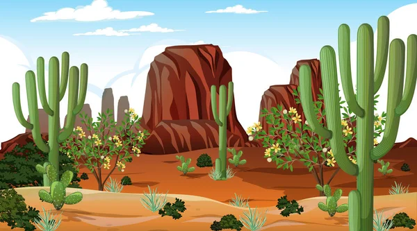 Paysage Forestier Désertique Jour Avec Nombreux Cactus Illustration — Image vectorielle