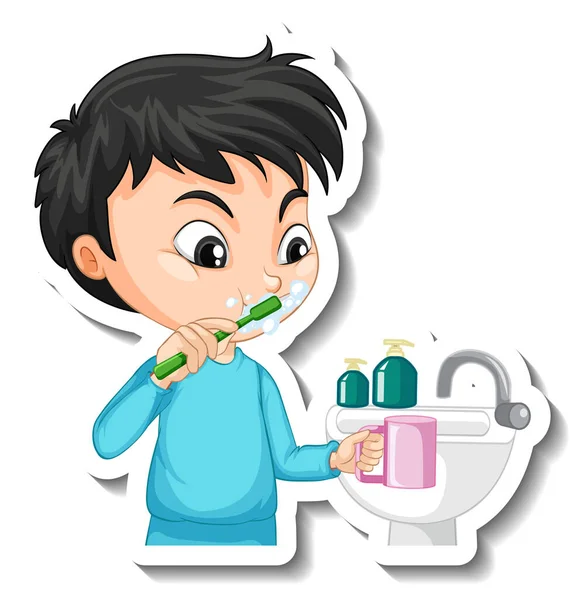 Sticker Design Boy Brushing His Tooth Cartoon Character Illustration — Stock Vector