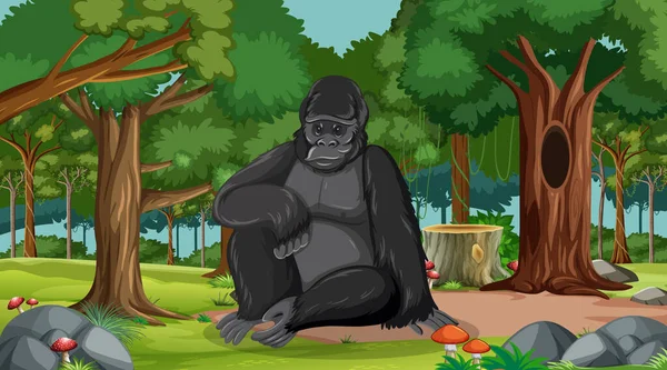 Gorilla Wald Oder Regenwald Szene Mit Vielen Bäumen Illustration — Stockvektor