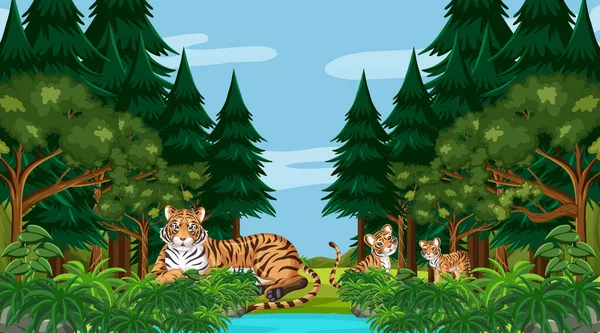 Familia Tigres Escena Del Bosque Selva Tropical Con Muchos Árboles — Vector de stock