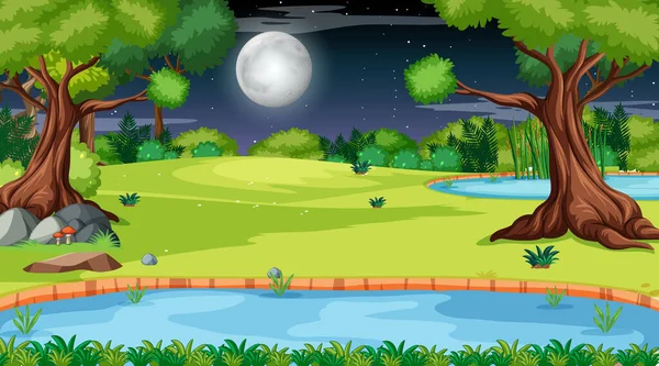 Paisaje Del Bosque Natural Escena Nocturna Con Río Largo Que — Vector de stock