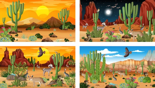 Différentes Scènes Paysage Forestier Désertique Avec Des Animaux Des Plantes — Image vectorielle
