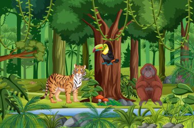 Çeşitli vahşi hayvan resimleriyle tropik yağmur ormanı sahnesi