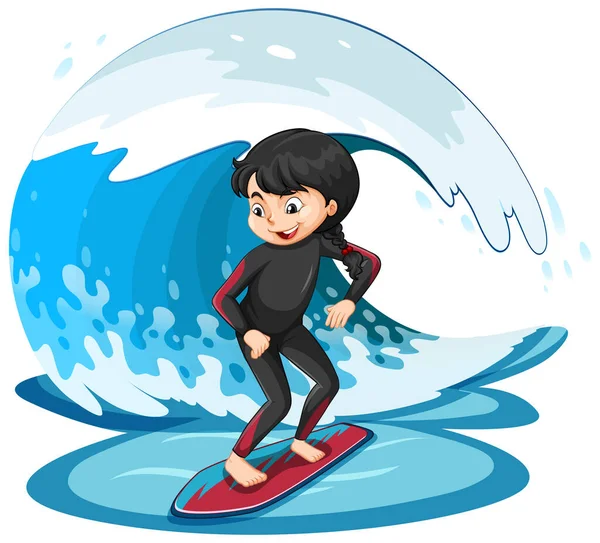 Ragazza Piedi Una Tavola Surf Con Acqua Onda Illustrazione — Vettoriale Stock