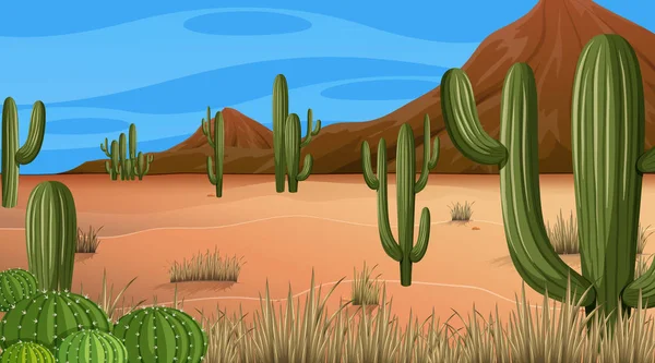 Woestijnbos Landschap Overdag Scène Met Diverse Woestijn Planten Illustratie — Stockvector
