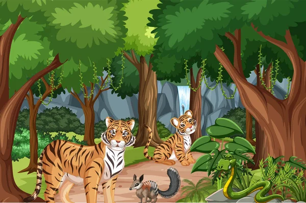 Bosque Selva Tropical Con Ilustración Familia Del Tigre — Vector de stock