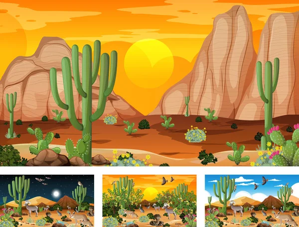 Different Desert Forest Scenes Animals Plants Illustration — Stock Vector