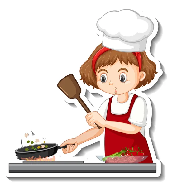 Sticker Ontwerp Met Chef Kok Meisje Koken Voedsel Cartoon Karakter — Stockvector