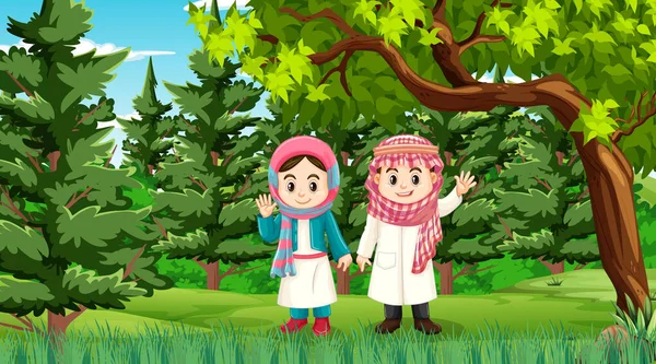 Anak Anak Muslim Mengenakan Pakaian Tradisional Adegan Hutan Ilustrasi - Stok Vektor