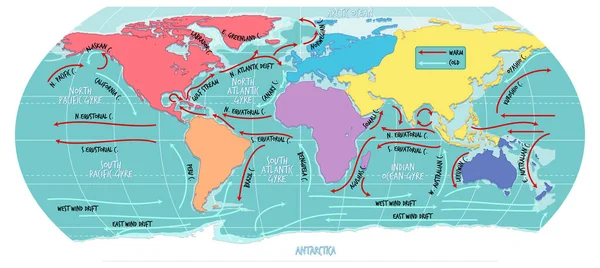 海洋当前的世界地图 附有地名说明 — 图库矢量图片