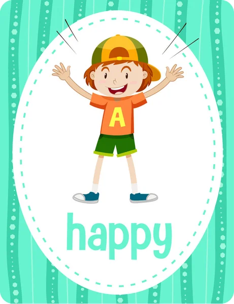 Vocabulario Flashcard Con Palabra Happy Illustration — Vector de stock