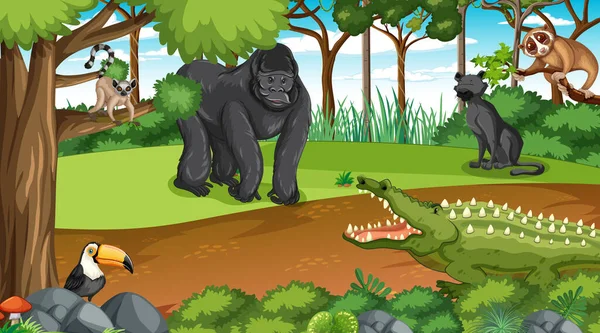 Gorilla Con Altri Animali Selvatici Nella Foresta Nella Foresta Pluviale — Vettoriale Stock