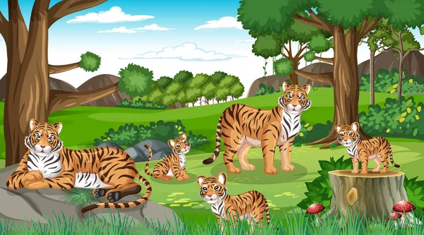 虎の家族のイラストと森や熱帯雨林のシーン — ストックベクタ