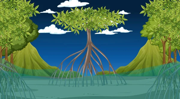 Natura Scena Mangrove Lasu Nocy Stylu Kreskówki Ilustracja — Wektor stockowy