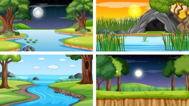 Doğa parkı ve orman illüstrasyonunun dört farklı sahnesi