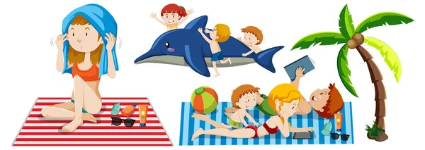 Sommer Strand Thema Mit Cartoon Figur Von Vielen Kindern Isoliert — Stockvektor