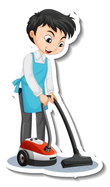 Sticker Design Young Man Using Vacuum Cleaner Illustration — Stock Vector