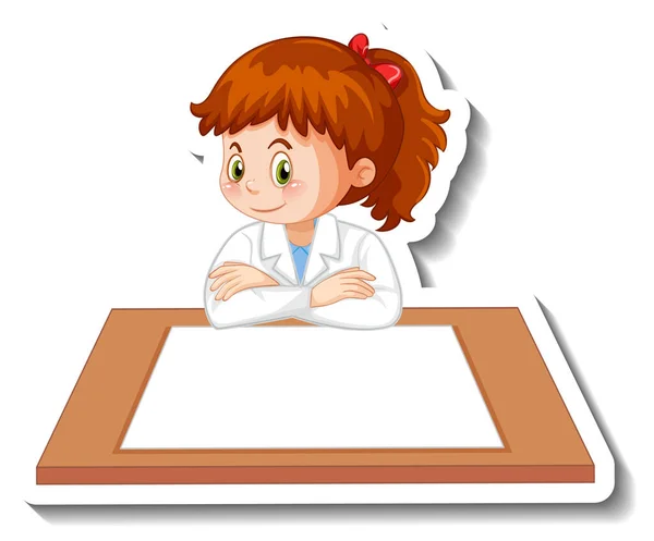 Wissenschaftlerin Mädchen Cartoon Figur Mit Leerem Tisch Illustration — Stockvektor