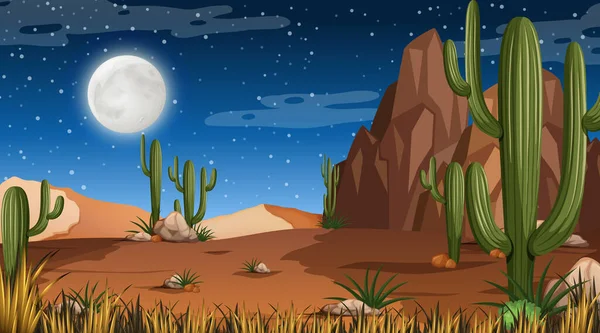 Paysage Forestier Désertique Nuit Avec Nombreuses Illustrations Cactus — Image vectorielle