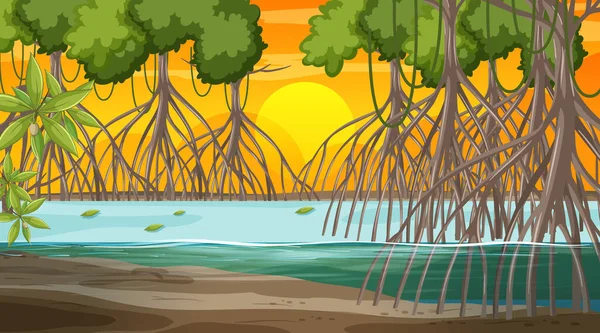 Manglar Bosque Paisaje Escena Atardecer Tiempo Ilustración — Archivo Imágenes Vectoriales