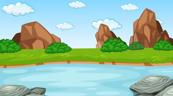 Paisaje Del Bosque Natural Durante Día Con Río Fluyendo Través — Vector de stock