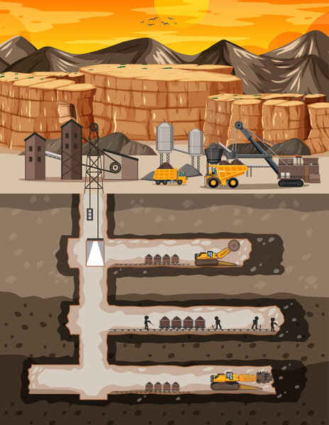 Landscape of coal mine industry with underground illustration