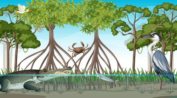 Dieren Leven Mangrove Bos Overdag Scène Illustratie — Stockvector