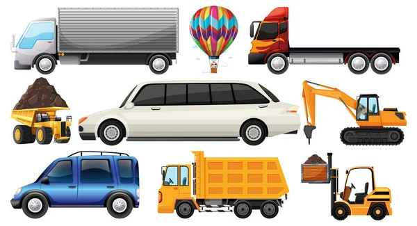 Σύνολο Διαφορετικών Ειδών Αυτοκινήτων Και Φορτηγών Που Απομονώνονται Λευκό Φόντο — Διανυσματικό Αρχείο