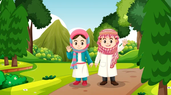 Anak Anak Muslim Mengenakan Pakaian Tradisional Adegan Hutan Ilustrasi - Stok Vektor