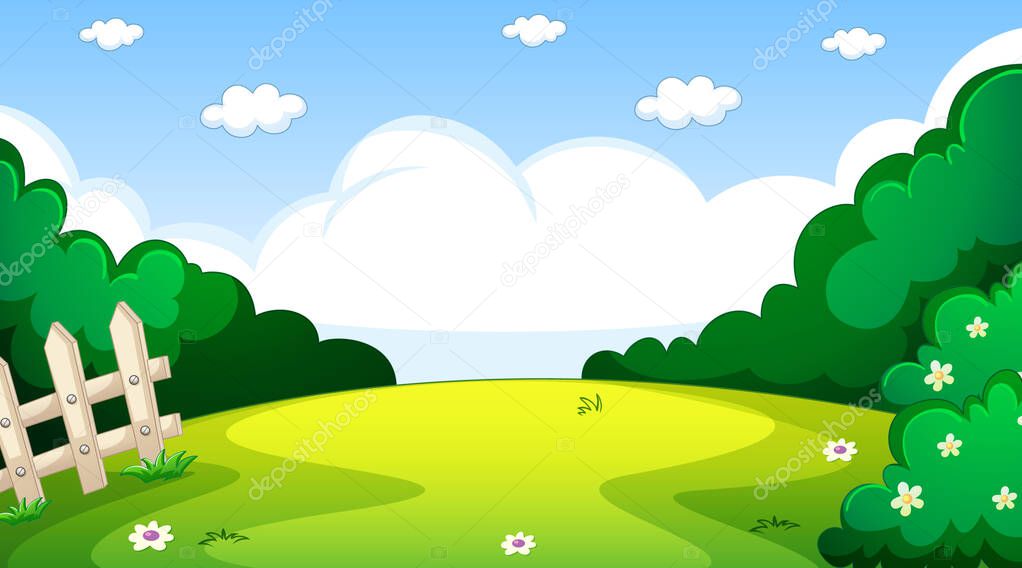 Blank nature park landscape at daytime scene with many clouds in the sky illustration