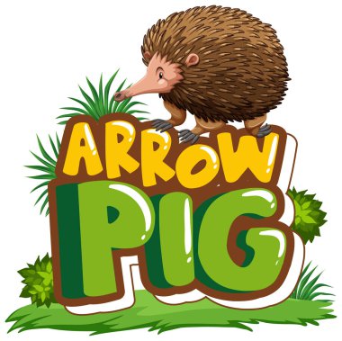 Echidna çizgi film karakteri Arrow Pig yazı tipi pankartıyla izole edilmiş