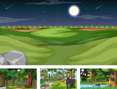 Çeşitli vahşi hayvan resimleriyle yatay sahne seti.