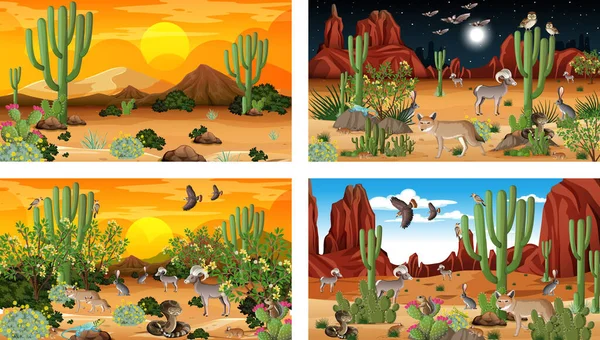 Différentes Scènes Avec Paysage Forestier Désertique Avec Des Animaux Des — Image vectorielle