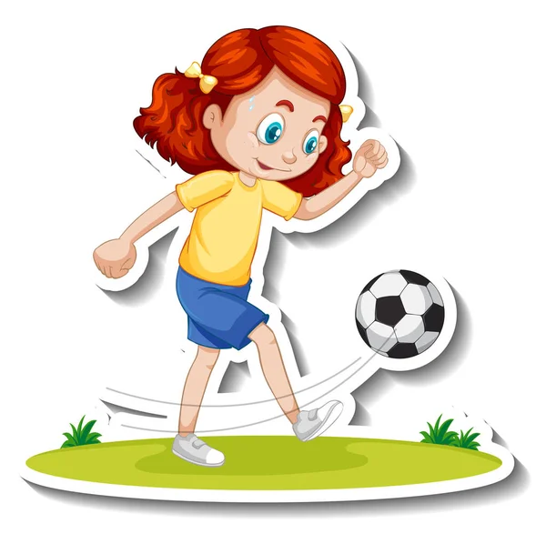 Personaje Dibujos Animados Pegatina Con Una Chica Jugando Fútbol Ilustración — Vector de stock