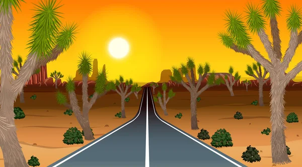 夕暮れ時の砂漠の風景の中に長い道のりイラスト — ストックベクタ