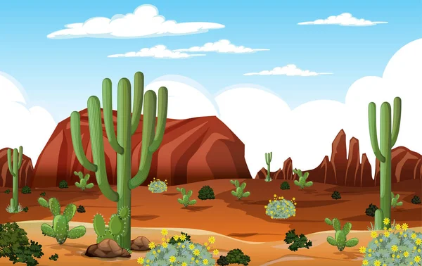 昼間の砂漠の森の風景多くのサボテンのイラスト — ストックベクタ