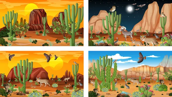 Διαφορετικές Σκηνές Δάσος Έρημο Τοπίο Ζώα Και Φυτά Εικονογράφηση — Διανυσματικό Αρχείο
